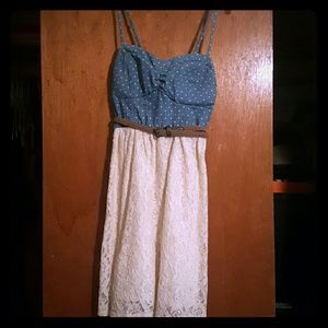 Chambray polka dot and lace dress with woven belt